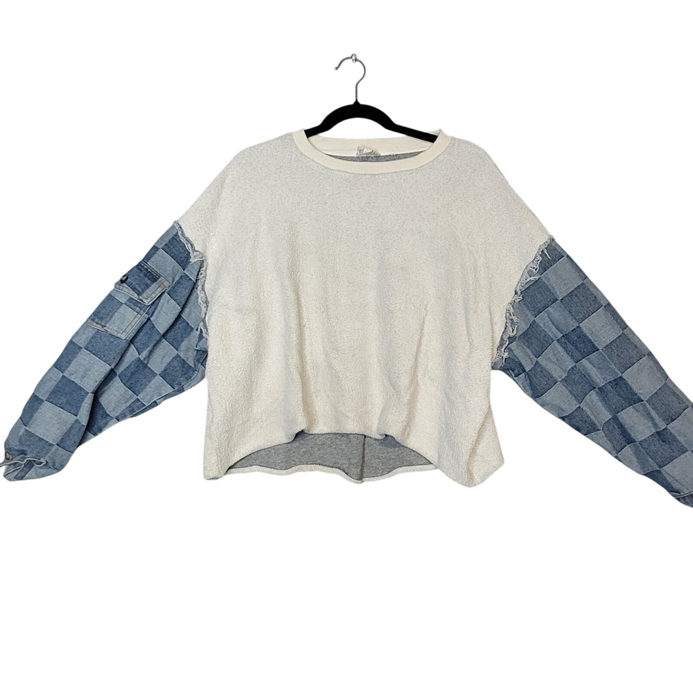BIB! Mixed Media Denim Patchwork Sleeve Womens Sweatshirt Cream Blue Patchwork M